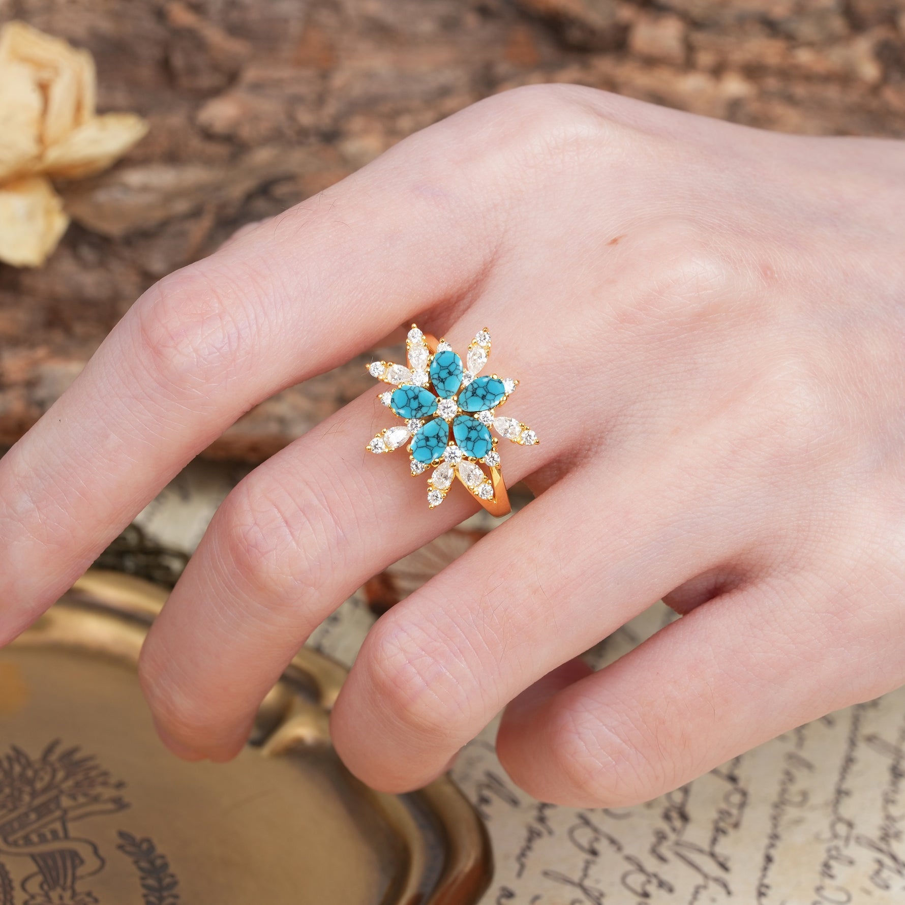 Unique and Luxurious Floral Design 4-Prong Pear Cut Turquoise Engagement Ring - Additional view
