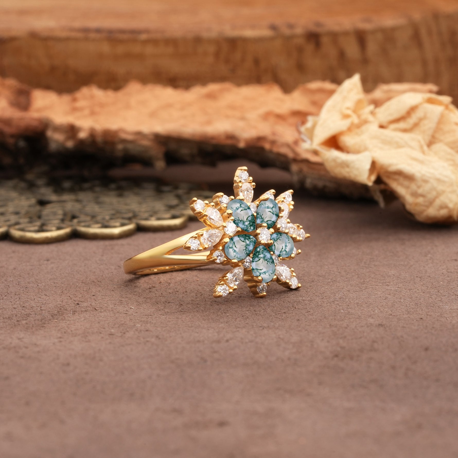 Unique and Luxurious Floral Design 4-Prong Pear Cut Moss Agate Engagement Ring - Additional view