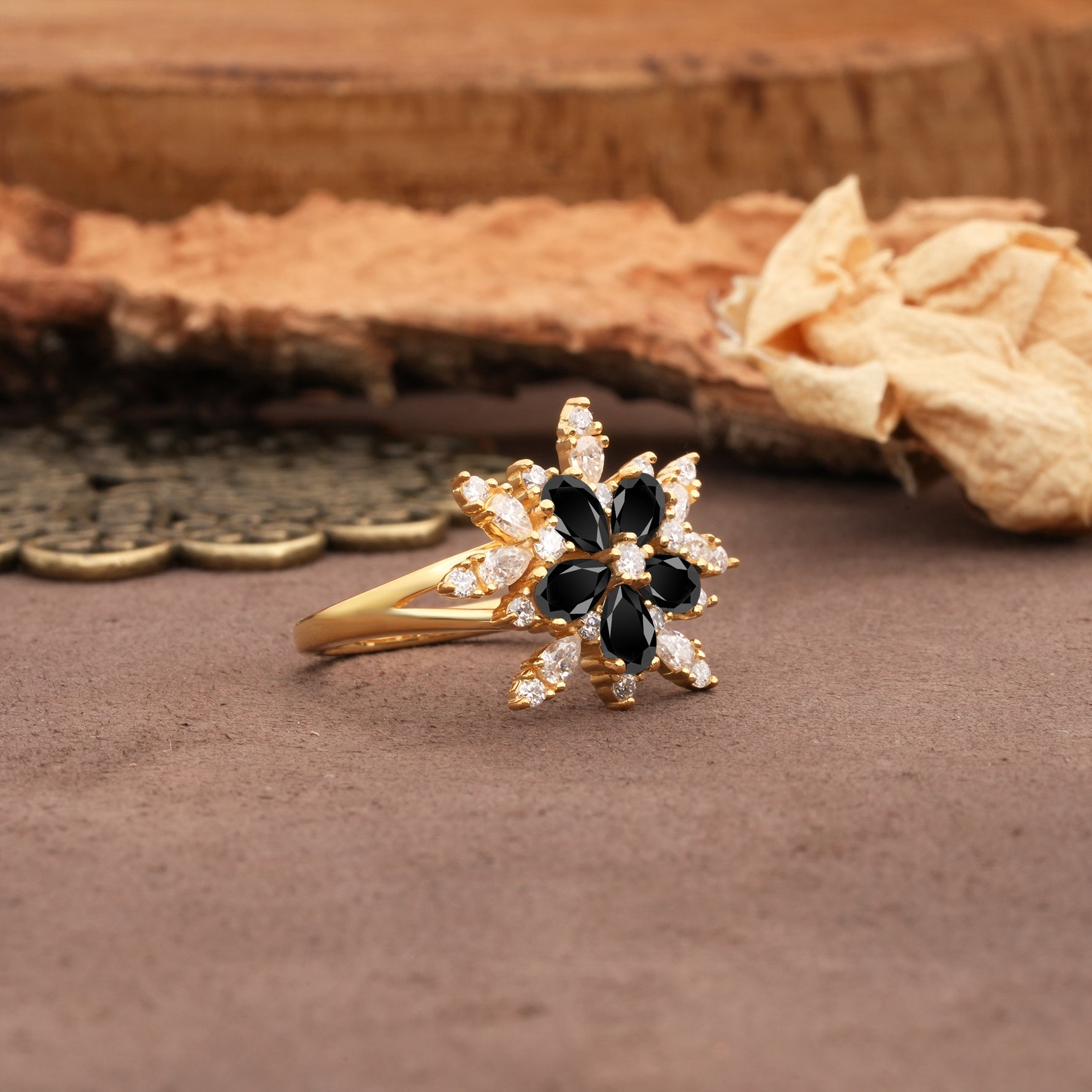 Unique and Luxurious Floral Design 4-Prong Pear Cut Black Onyx Engagement Ring - Additional view