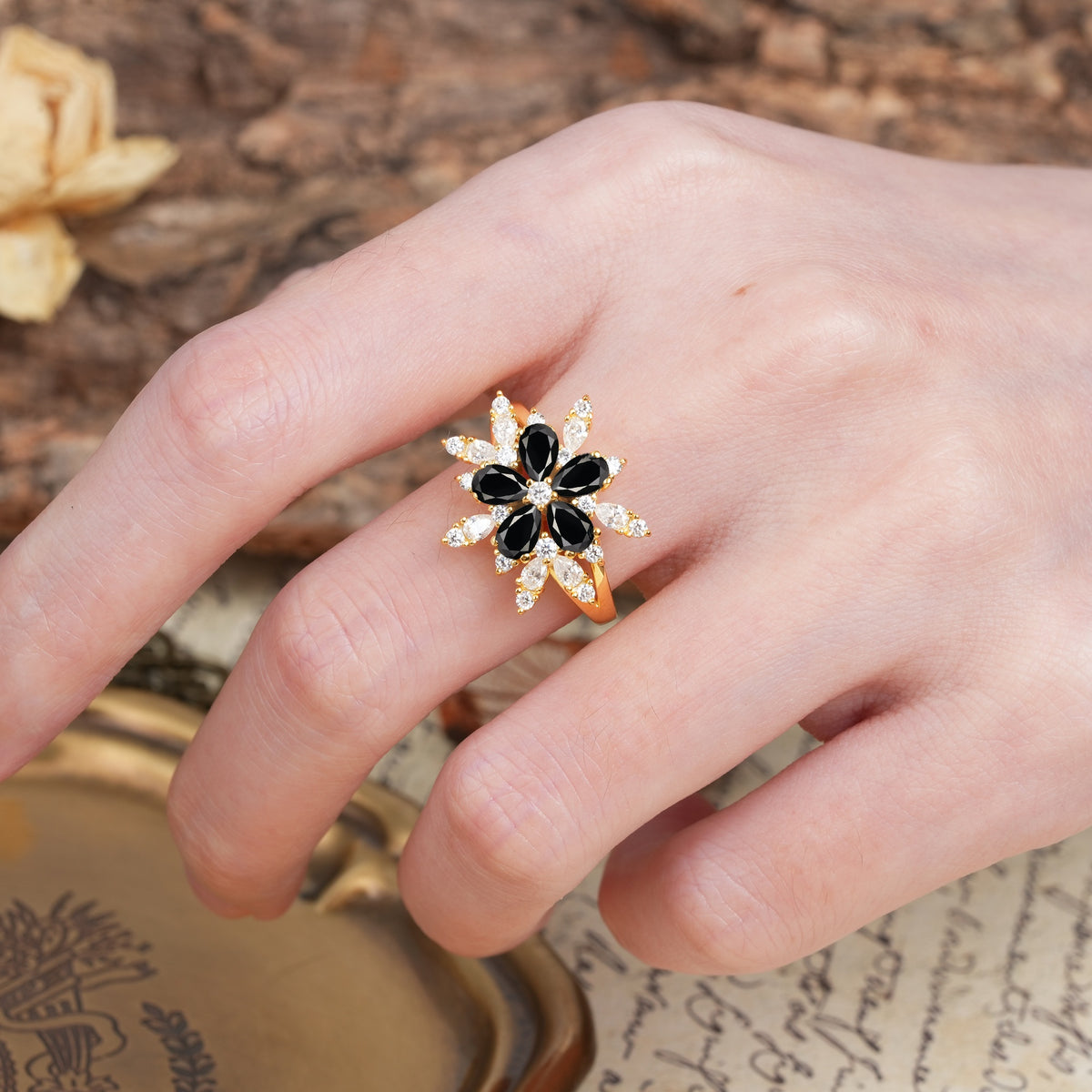 Unique and Luxurious Floral Design 4-Prong Pear Cut Black Onyx Engagement Ring - Additional view