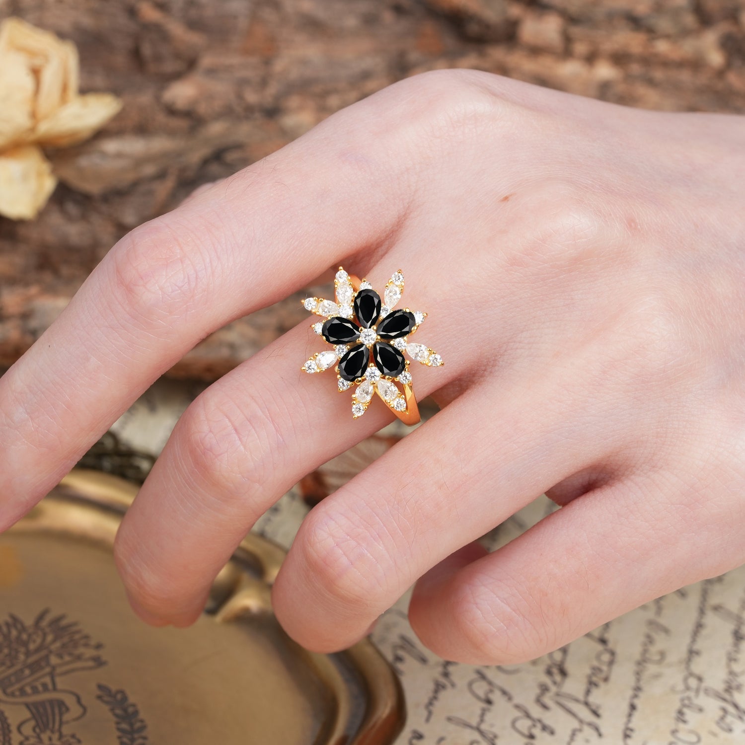 Unique and Luxurious Floral Design 4-Prong Pear Cut Black Onyx Engagement Ring - Additional view