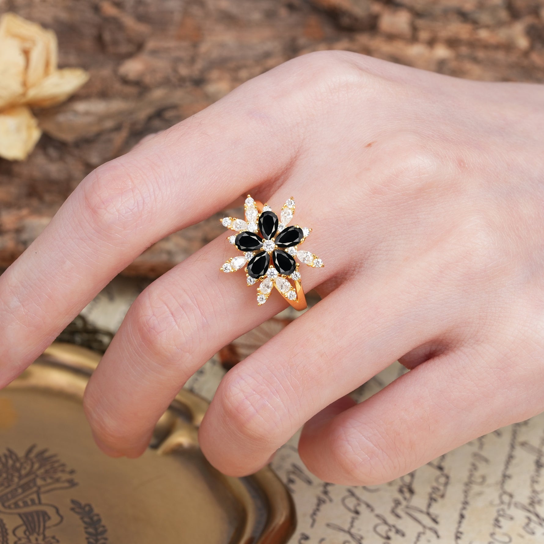 Unique and Luxurious Floral Design 4-Prong Pear Cut Black Onyx Engagement Ring - Additional view