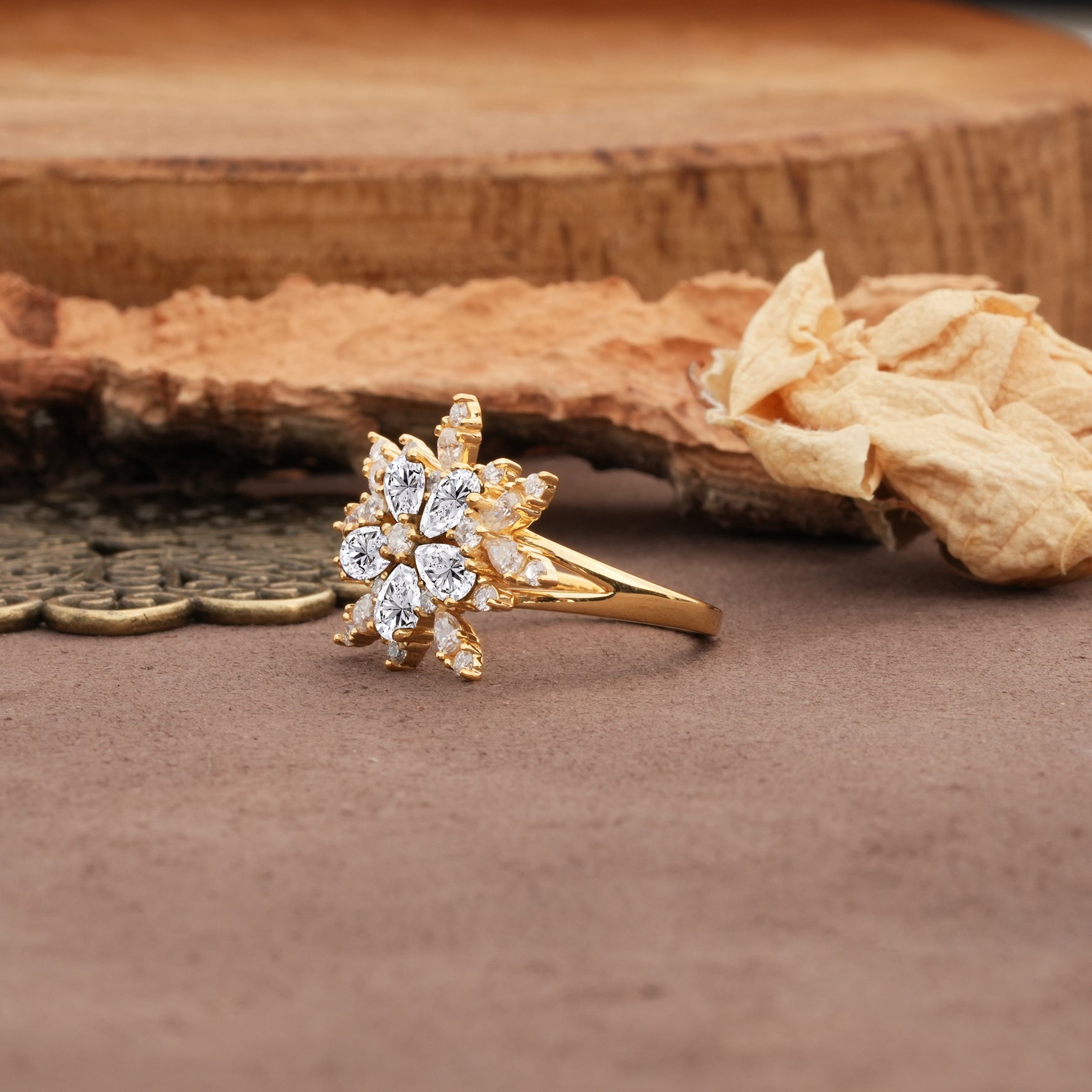 Unique and Luxurious Floral Design 4-Prong Pear Cut Lab Diamond Engagement Ring - Additional view