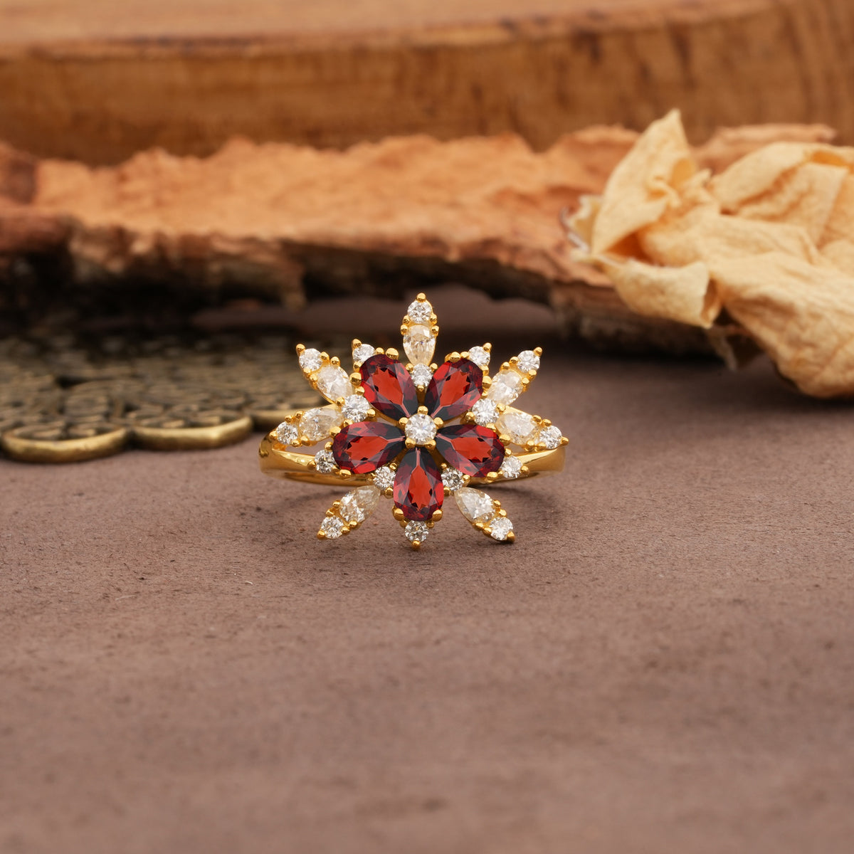 Unique and Luxurious Floral Design 4-Prong Pear Cut Garnet Engagement Ring - Additional view