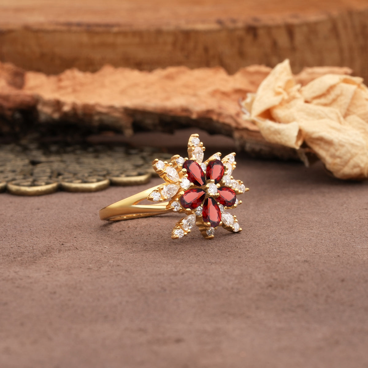 Unique and Luxurious Floral Design 4-Prong Pear Cut Garnet Engagement Ring - Additional view
