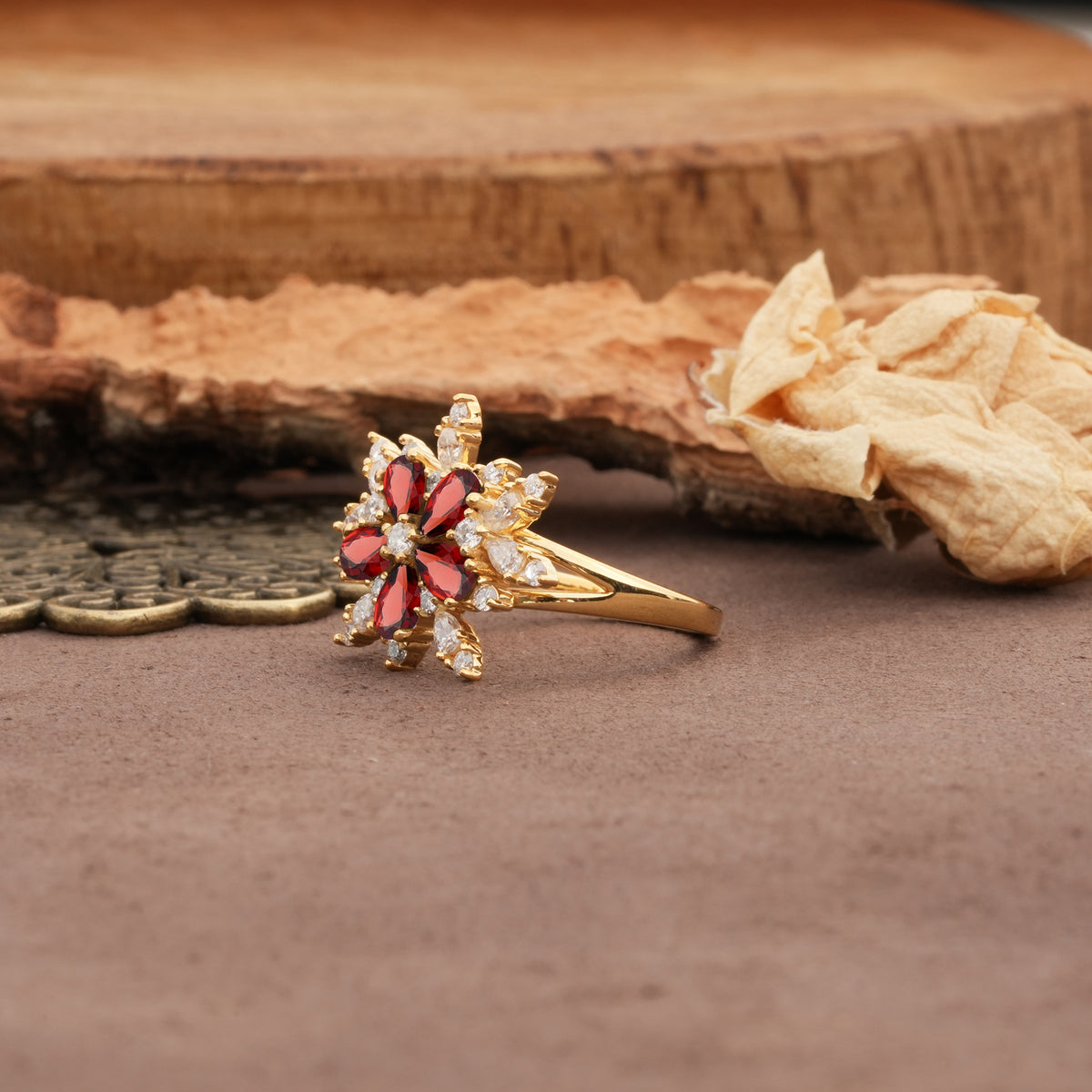 Unique and Luxurious Floral Design 4-Prong Pear Cut Garnet Engagement Ring - Additional view