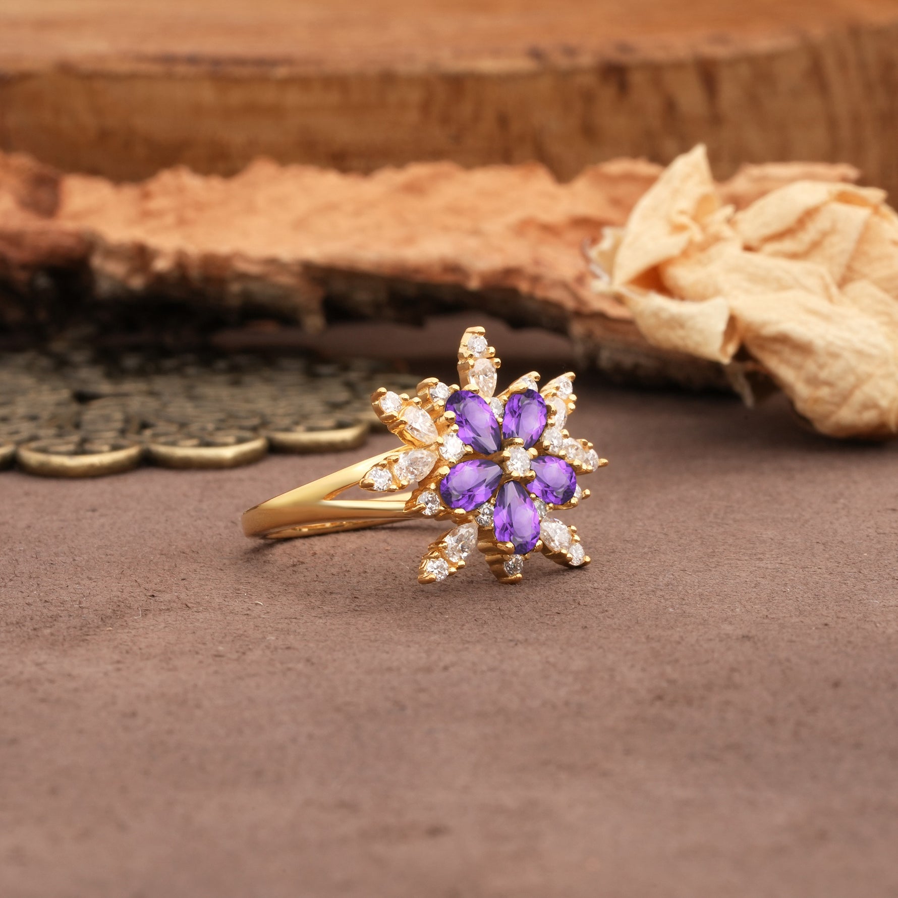Unique and Luxurious Floral Design 4-Prong Pear Cut Amethyst Engagement Ring - Additional view