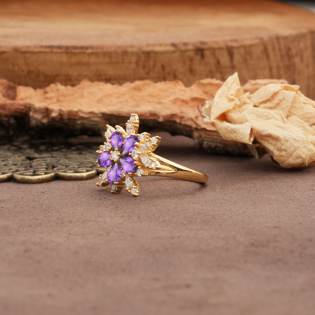 Unique and Luxurious Floral Design 4-Prong Pear Cut Amethyst Engagement Ring - Additional view