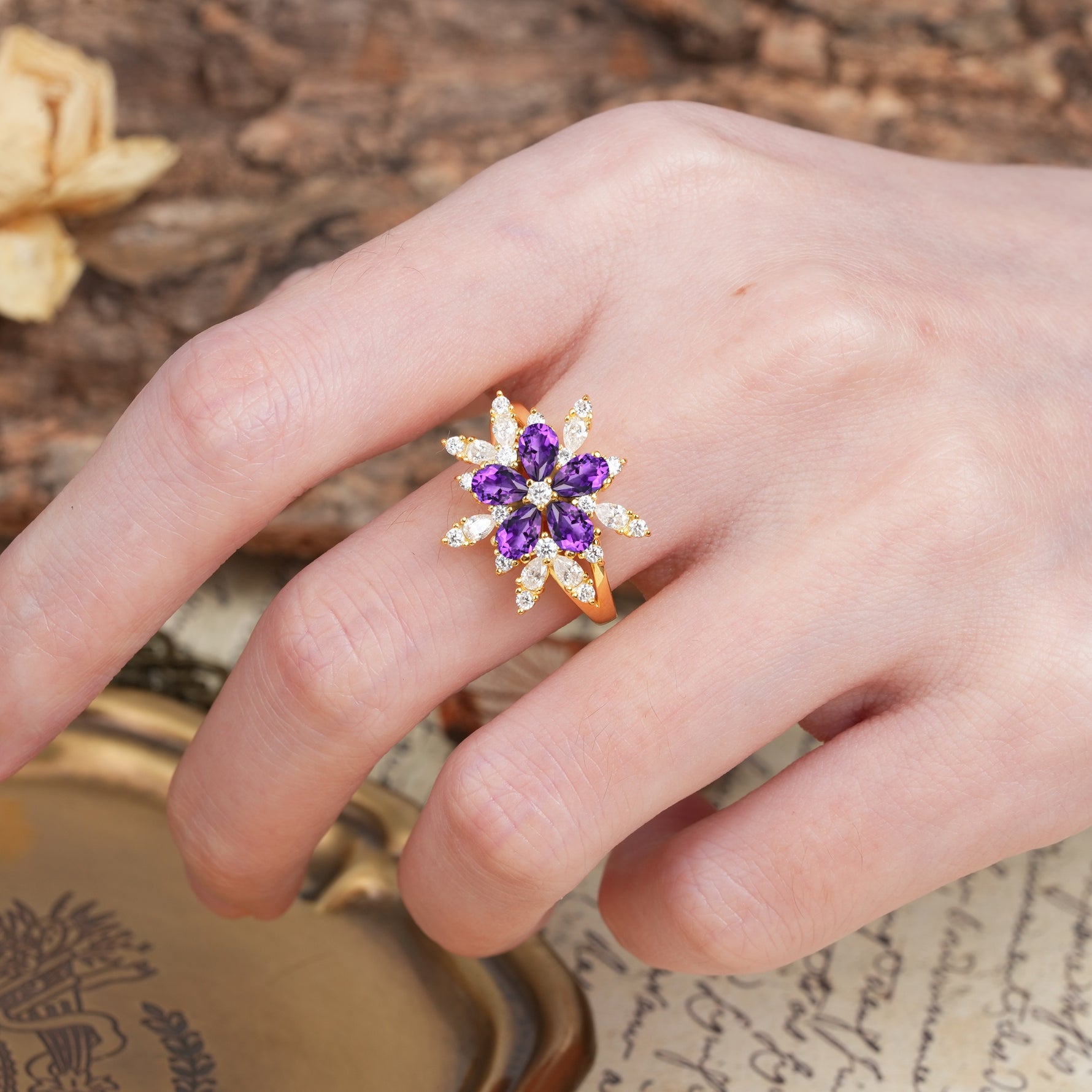Unique and Luxurious Floral Design 4-Prong Pear Cut Amethyst Engagement Ring - Additional view