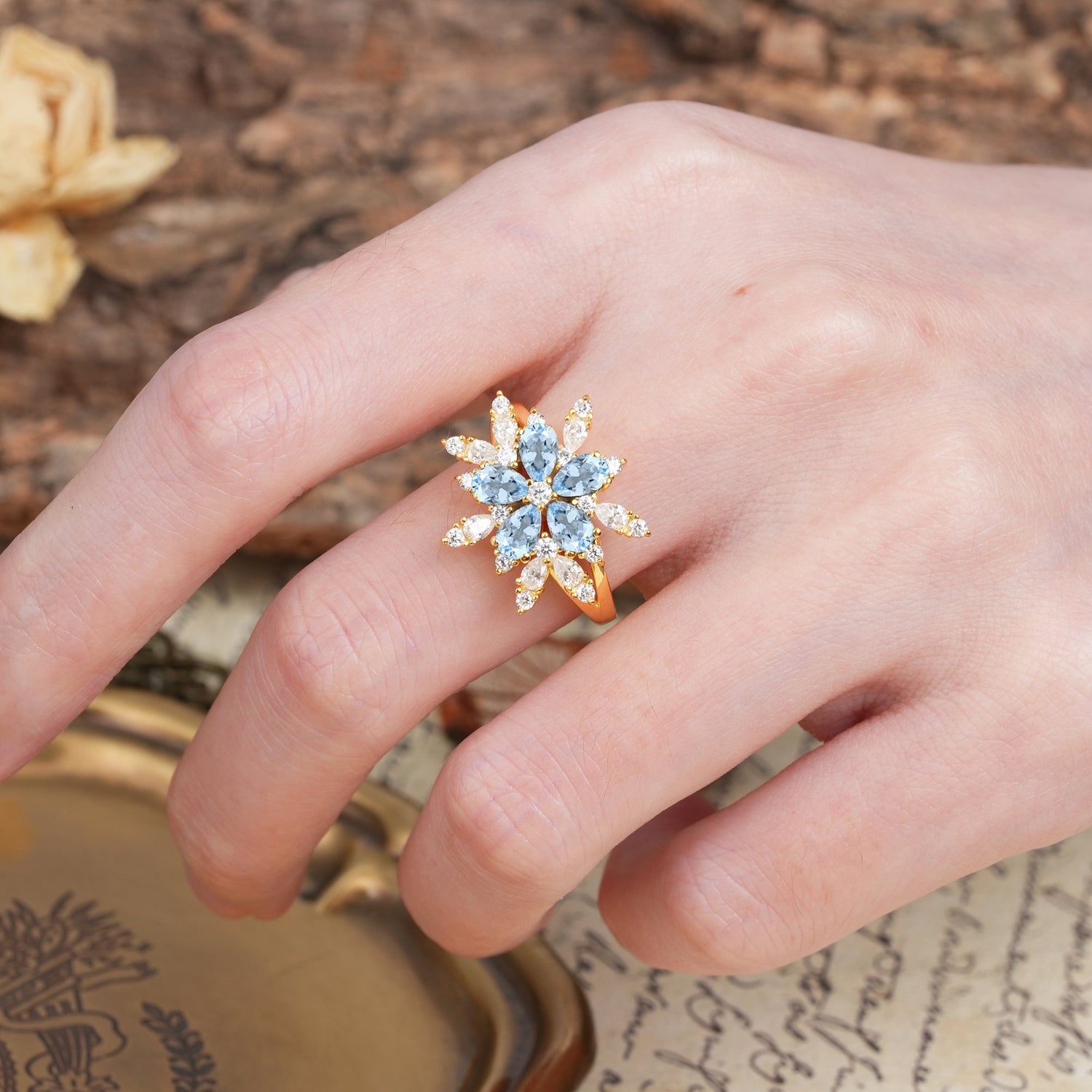 Unique and Luxurious Floral Design 4-Prong Pear Cut Aquamarine Engagement Ring