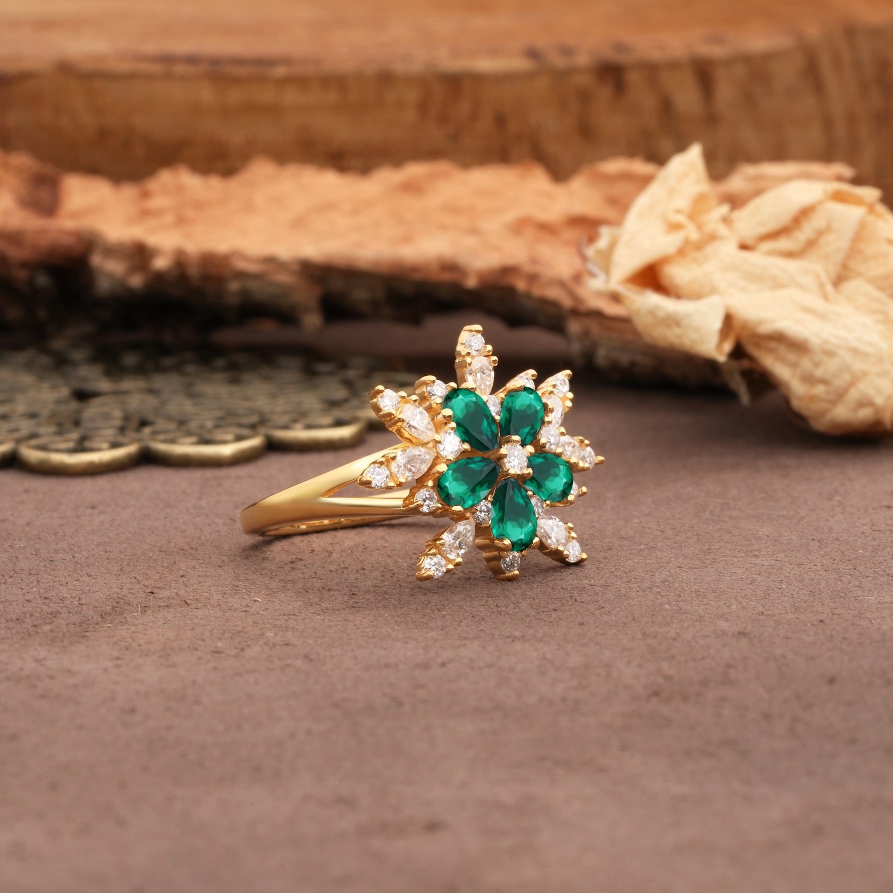 Unique and Luxurious Floral Design 4-Prong Pear Cut Emerald Engagement Ring - Additional view