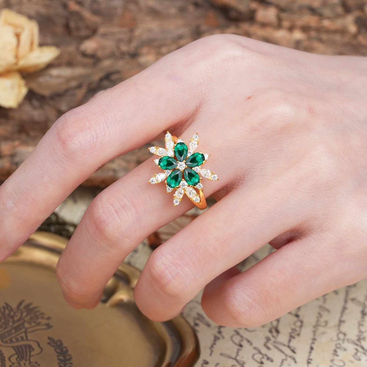 Unique and Luxurious Floral Design 4-Prong Pear Cut Emerald Engagement Ring - Additional view