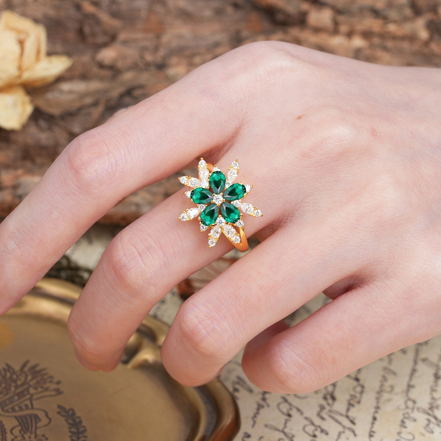Unique and Luxurious Floral Design 4-Prong Pear Cut Emerald Engagement Ring - Additional view