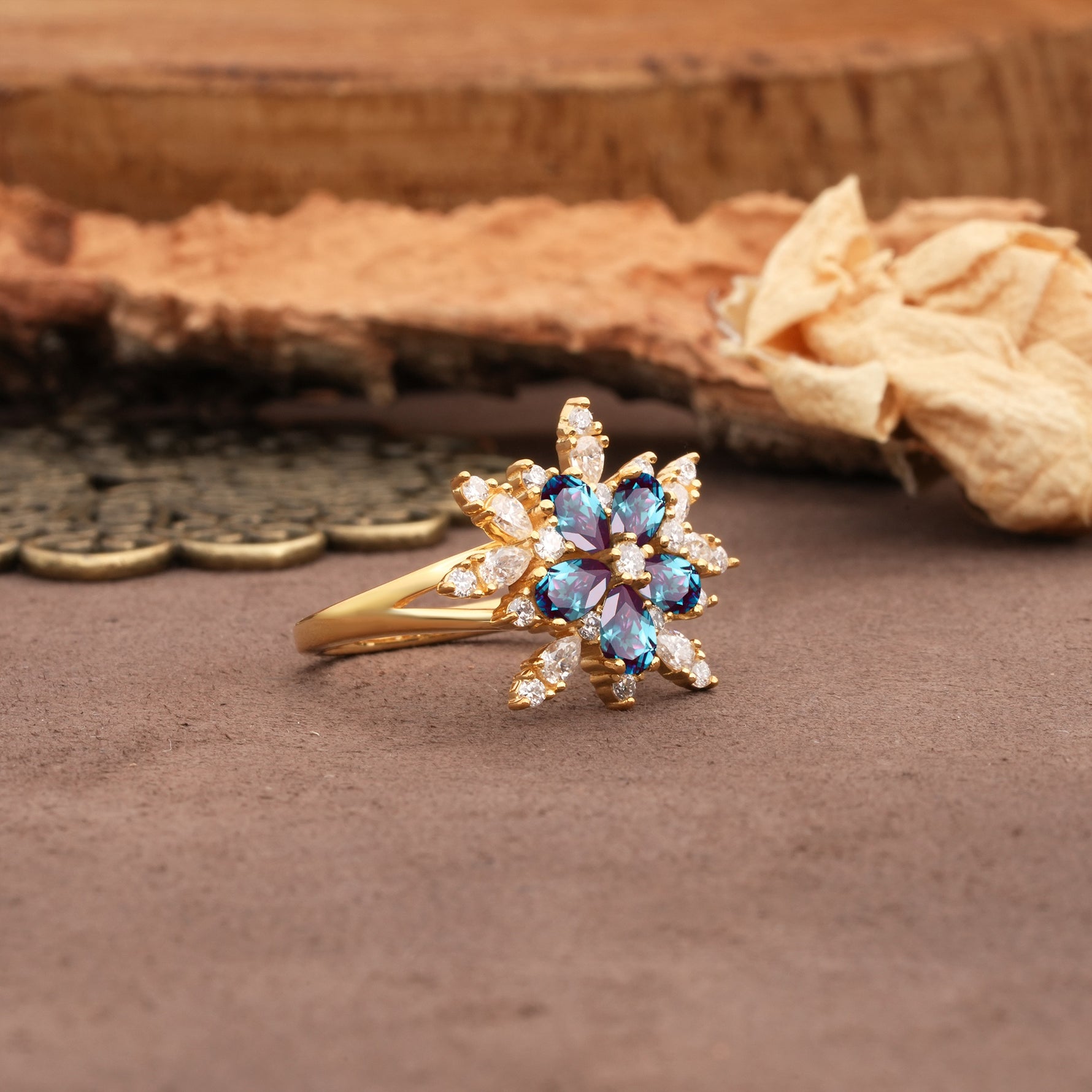 Unique and Luxurious Floral Design 4-Prong Pear Cut Alexandrite Engagement Ring - Additional view
