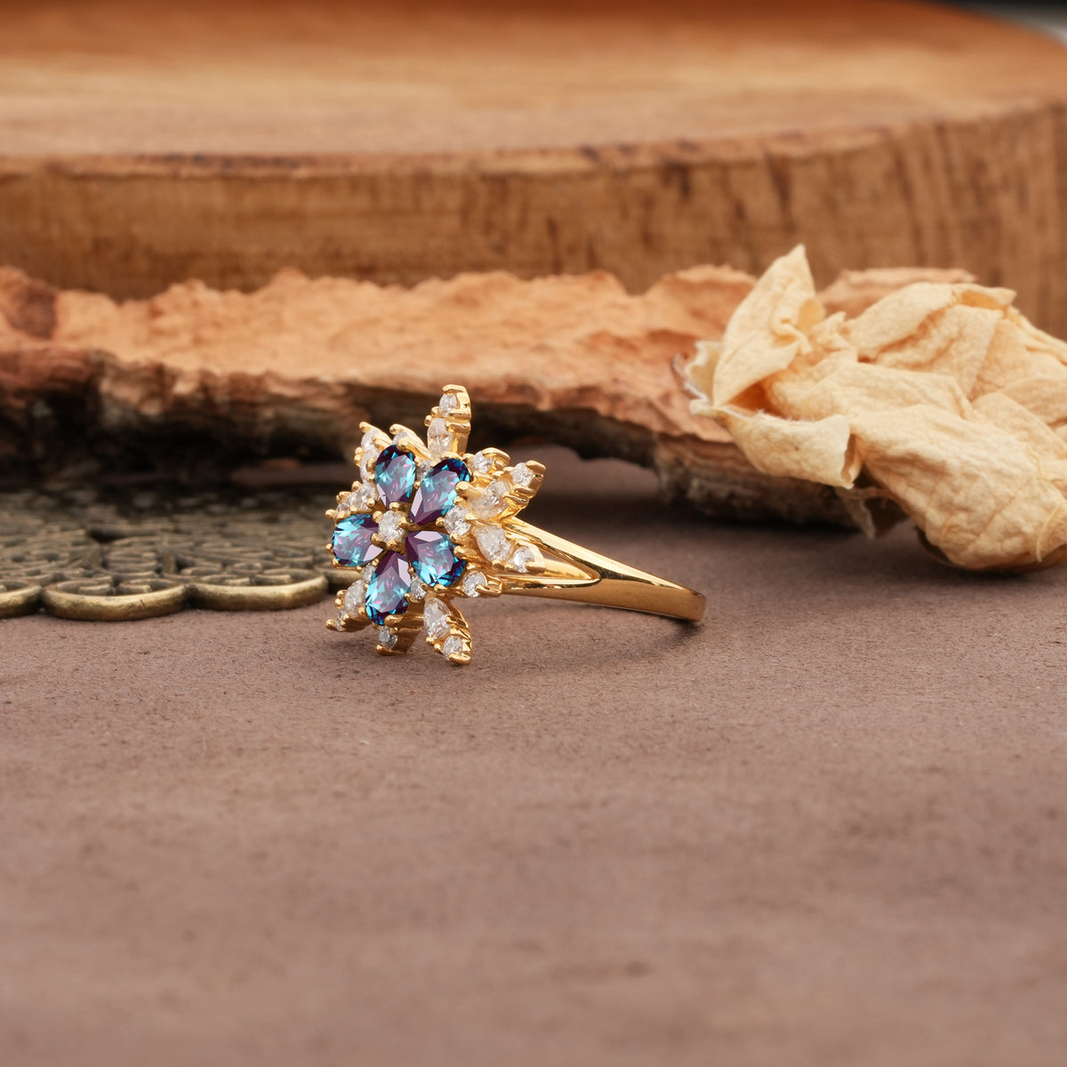 Unique and Luxurious Floral Design 4-Prong Pear Cut Alexandrite Engagement Ring - Additional view