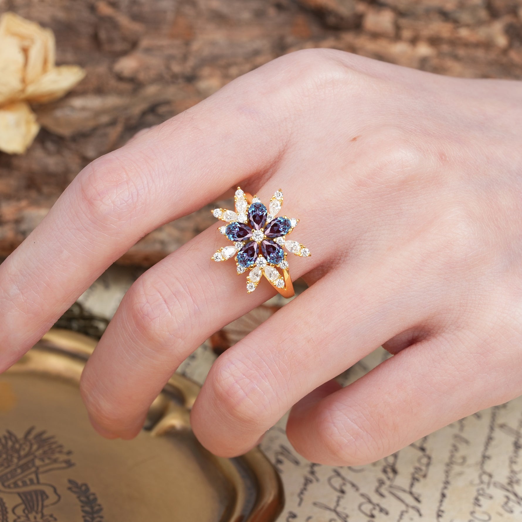 Unique and Luxurious Floral Design 4-Prong Pear Cut Alexandrite Engagement Ring - Additional view