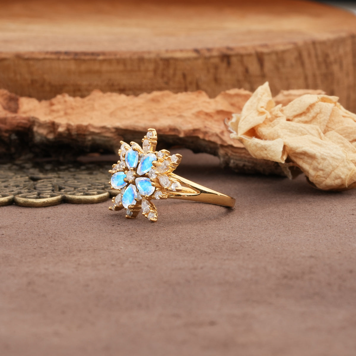 Unique and Luxurious Floral Design 4-Prong Pear Cut Moonstone Engagement Ring - Additional view
