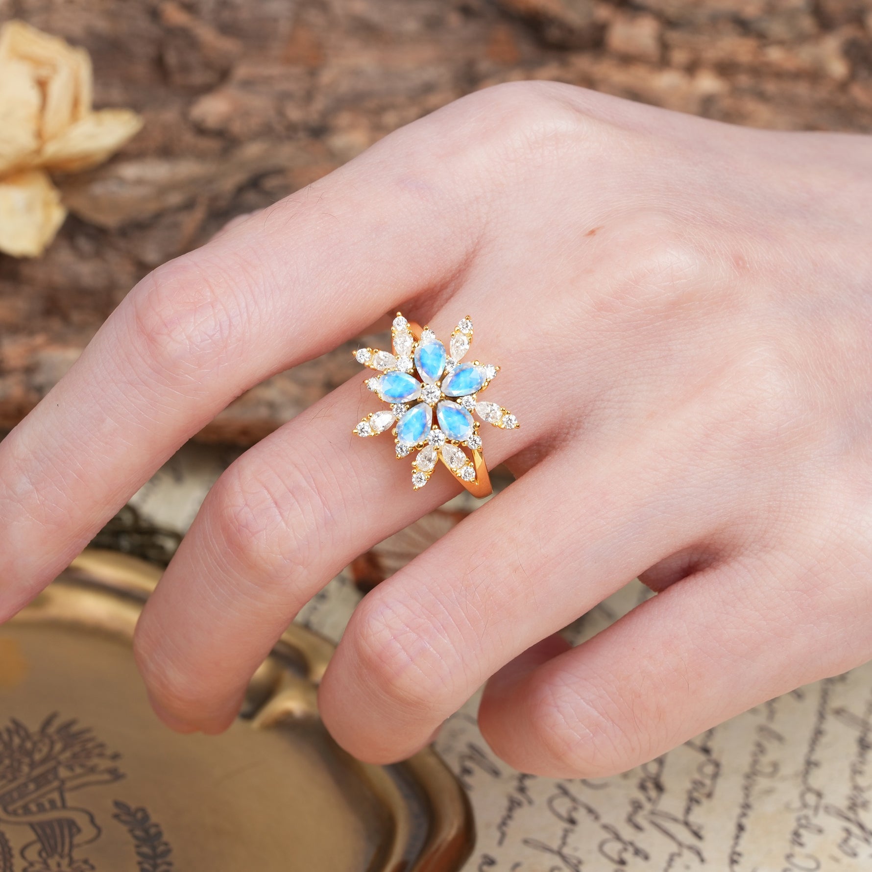 Unique and Luxurious Floral Design 4-Prong Pear Cut Moonstone Engagement Ring - Additional view