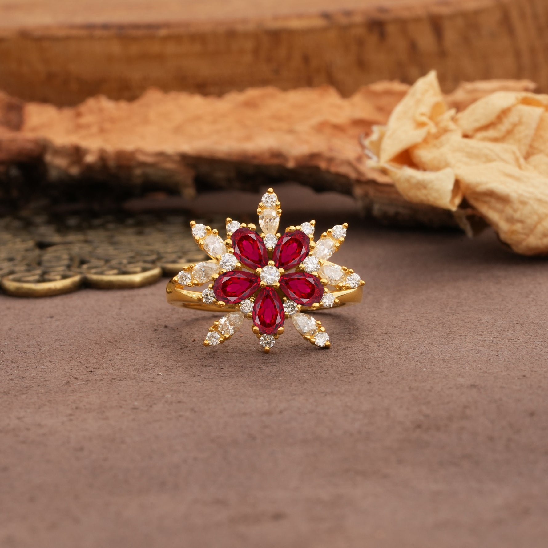 Unique and Luxurious Floral Design 4-Prong Pear Cut Ruby Engagement Ring - Additional view