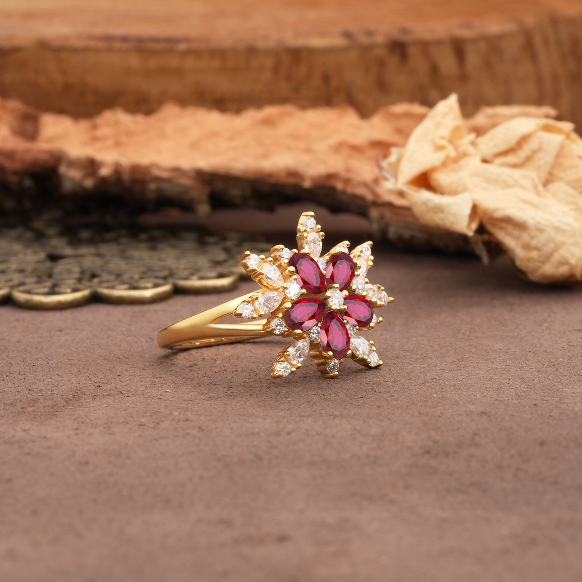 Unique and Luxurious Floral Design 4-Prong Pear Cut Ruby Engagement Ring - Additional view