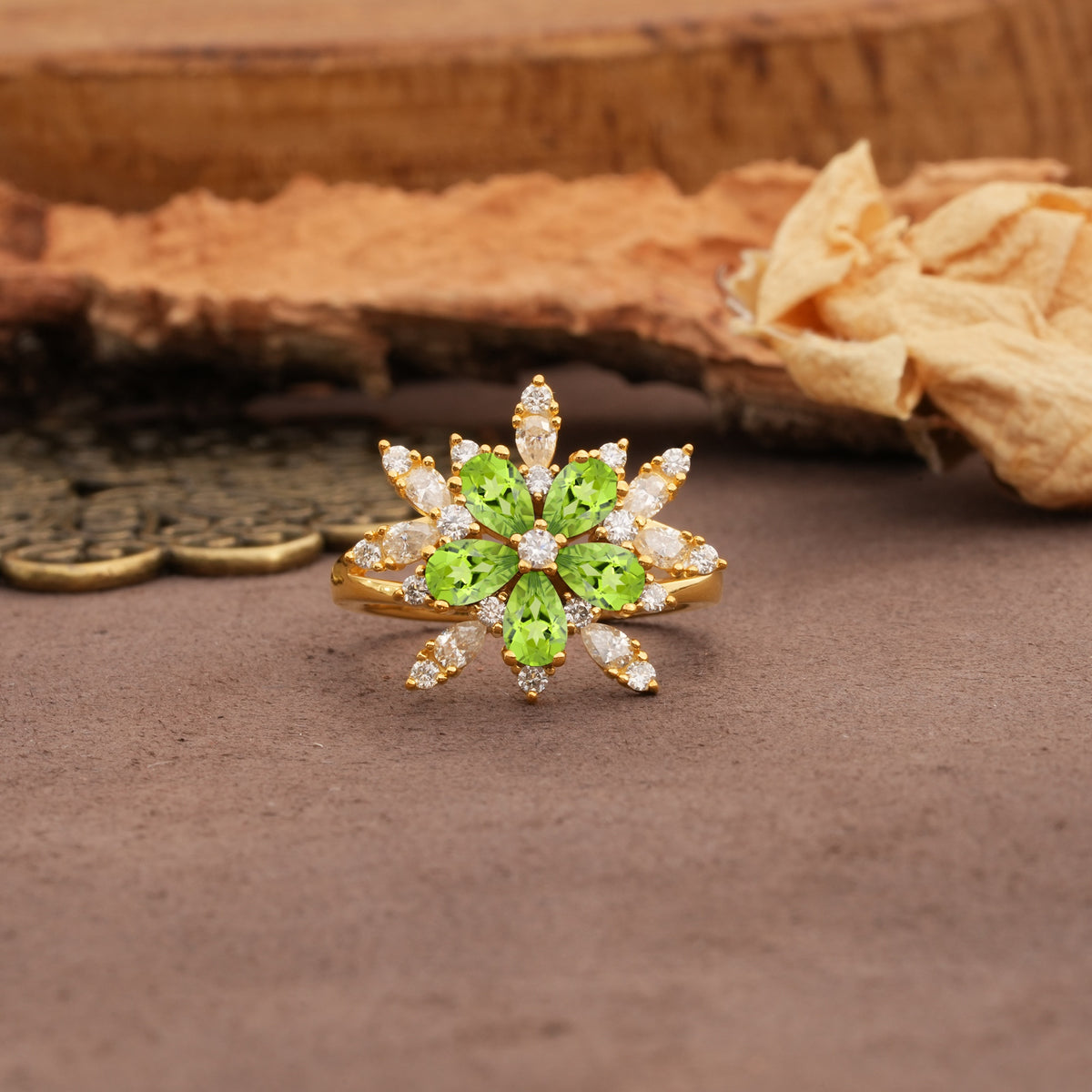 Unique and Luxurious Floral Design 4-Prong Pear Cut Peridot Engagement Ring - Additional view