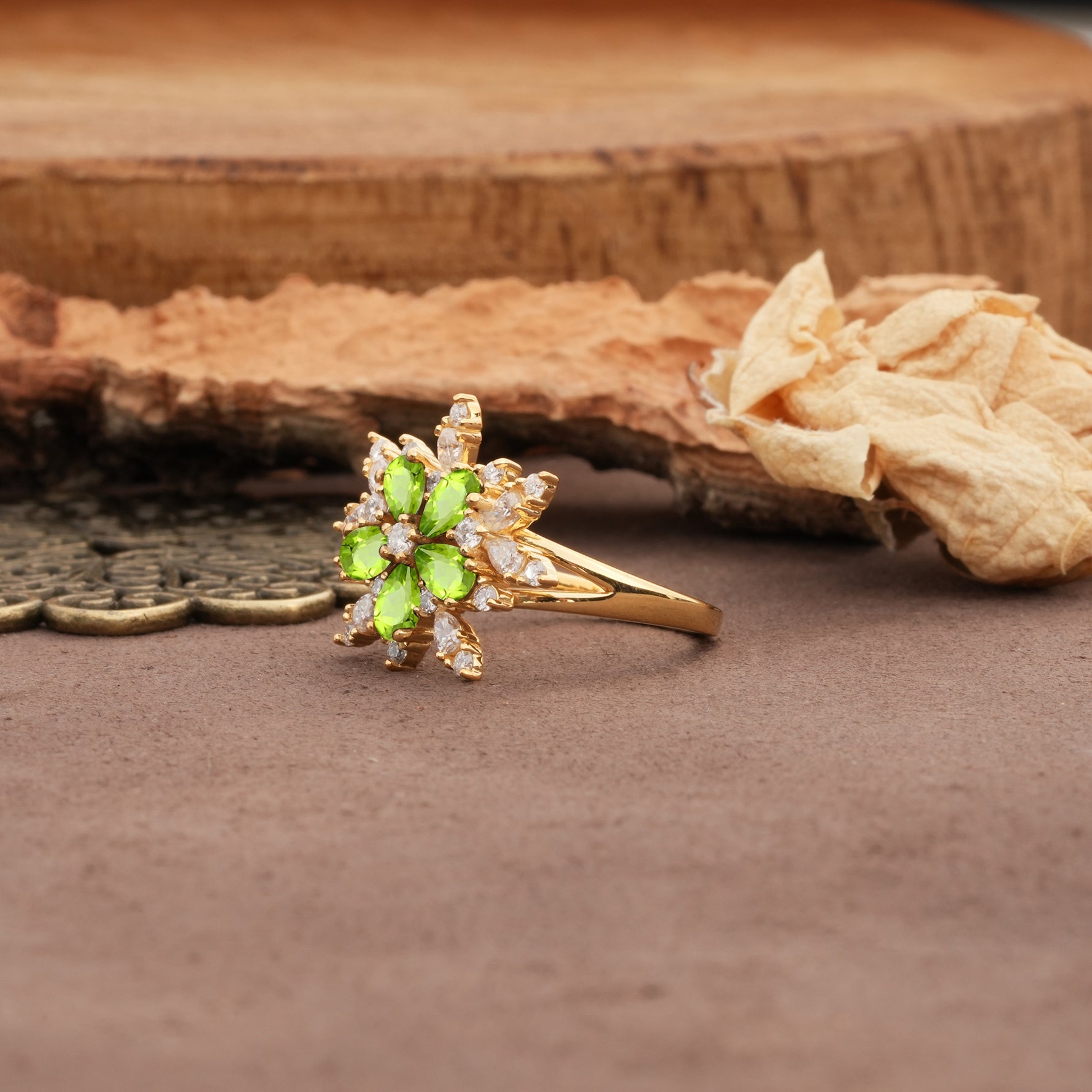 Unique and Luxurious Floral Design 4-Prong Pear Cut Peridot Engagement Ring - Additional view