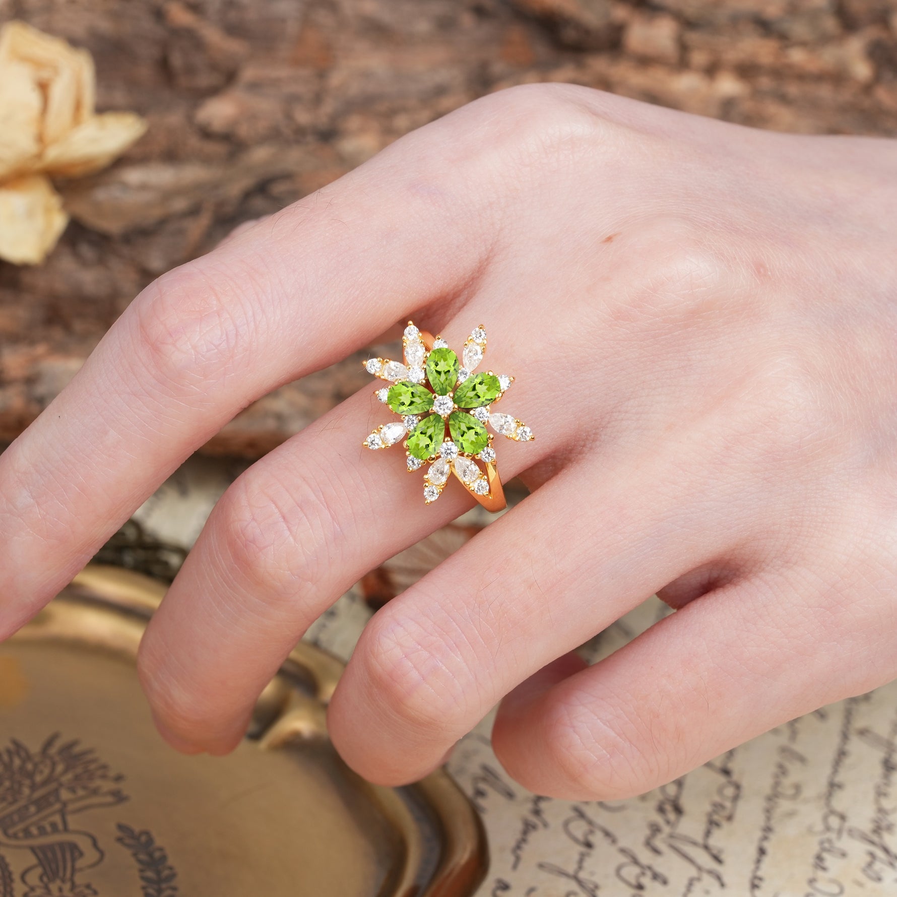Unique and Luxurious Floral Design 4-Prong Pear Cut Peridot Engagement Ring - Additional view