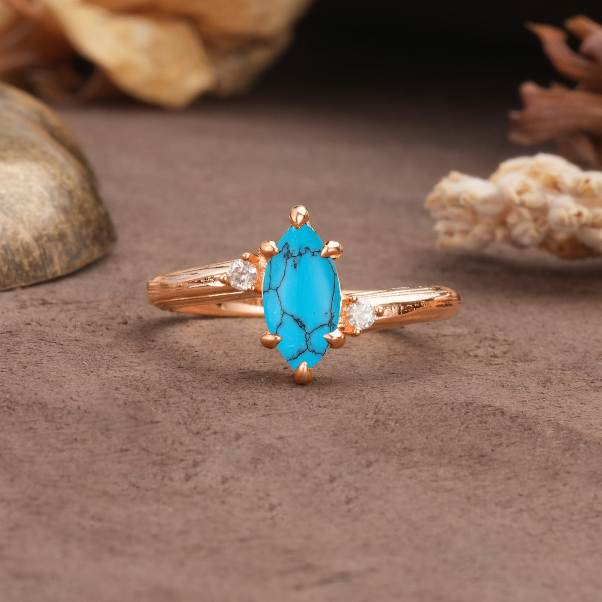 Classic Luxury 6-Prong Marquise Cut Three Stone Turquoise Engagement Ring - Additional view