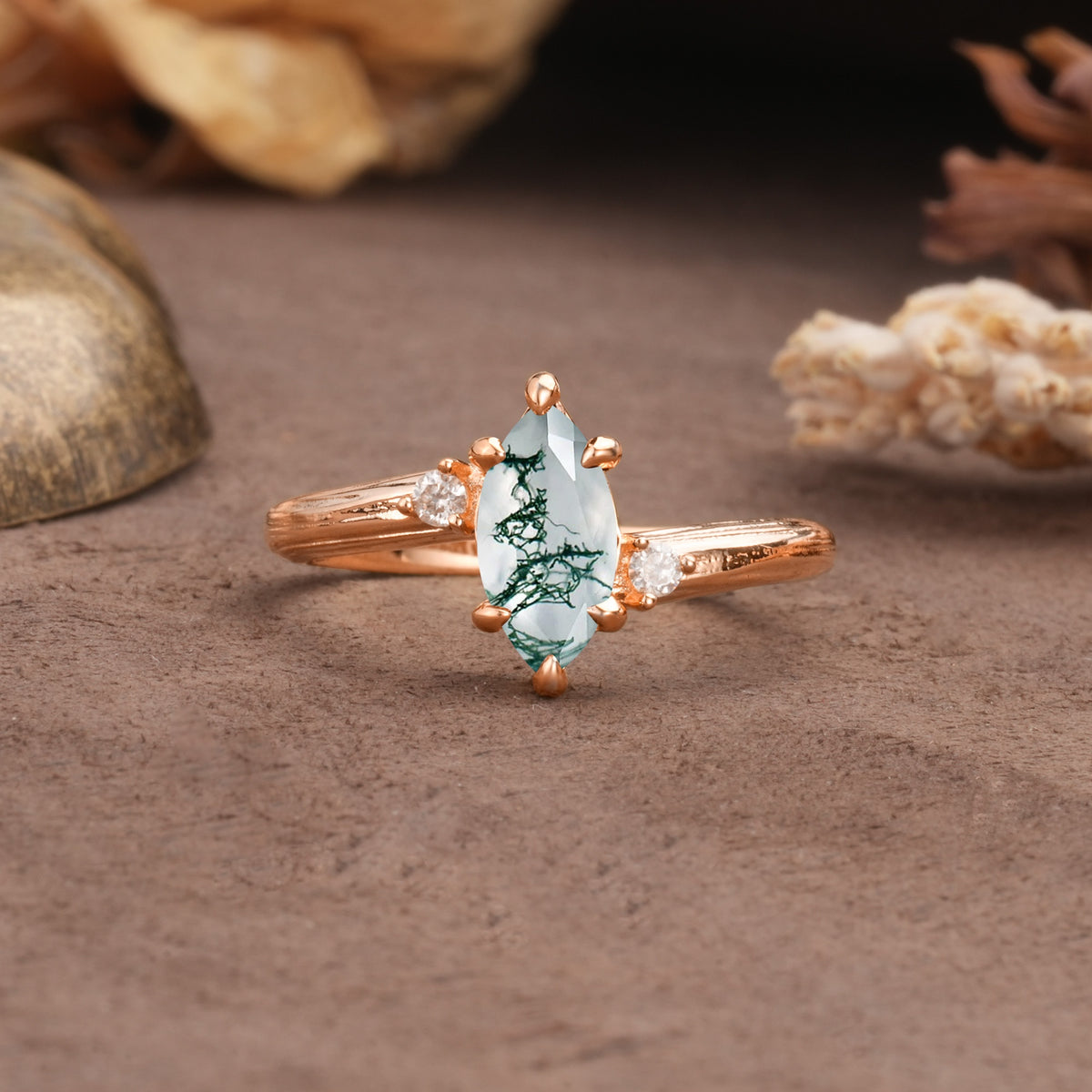 Classic Luxury 6-Prong Marquise Cut Three Stone Moss Agate Engagement Ring - Additional view