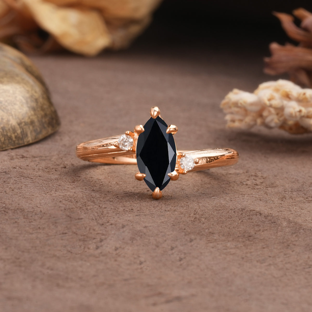 Classic Luxury 6-Prong Marquise Cut Three Stone Black Onyx Engagement Ring - Additional view