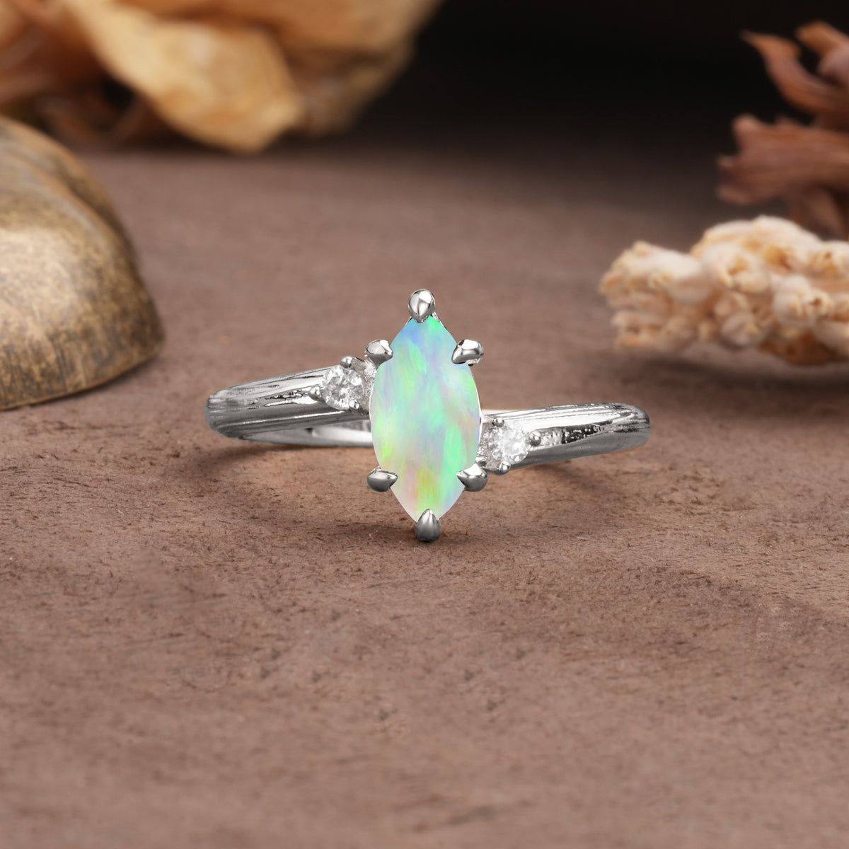 Classic Luxury 6-Prong Marquise Cut Three Stone Fire Opal Engagement Ring - Additional view