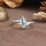 Classic Luxury 6-Prong Marquise Cut Three Stone Moss Agate Engagement Ring - Additional view