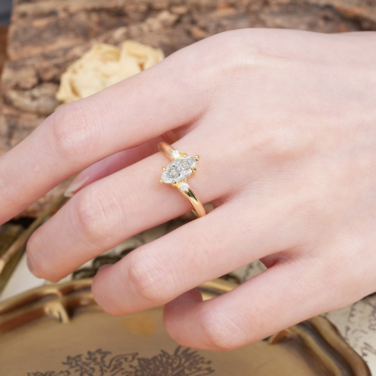 Classic Luxury 6-Prong Marquise Cut Three Stone Moissanite Engagement Ring - Additional view