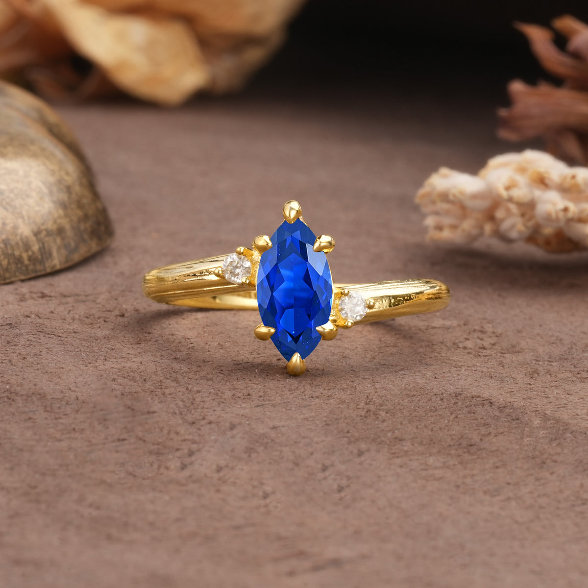 Classic Luxury 6-Prong Marquise Cut Three Stone Sapphire Engagement Ring - Additional view