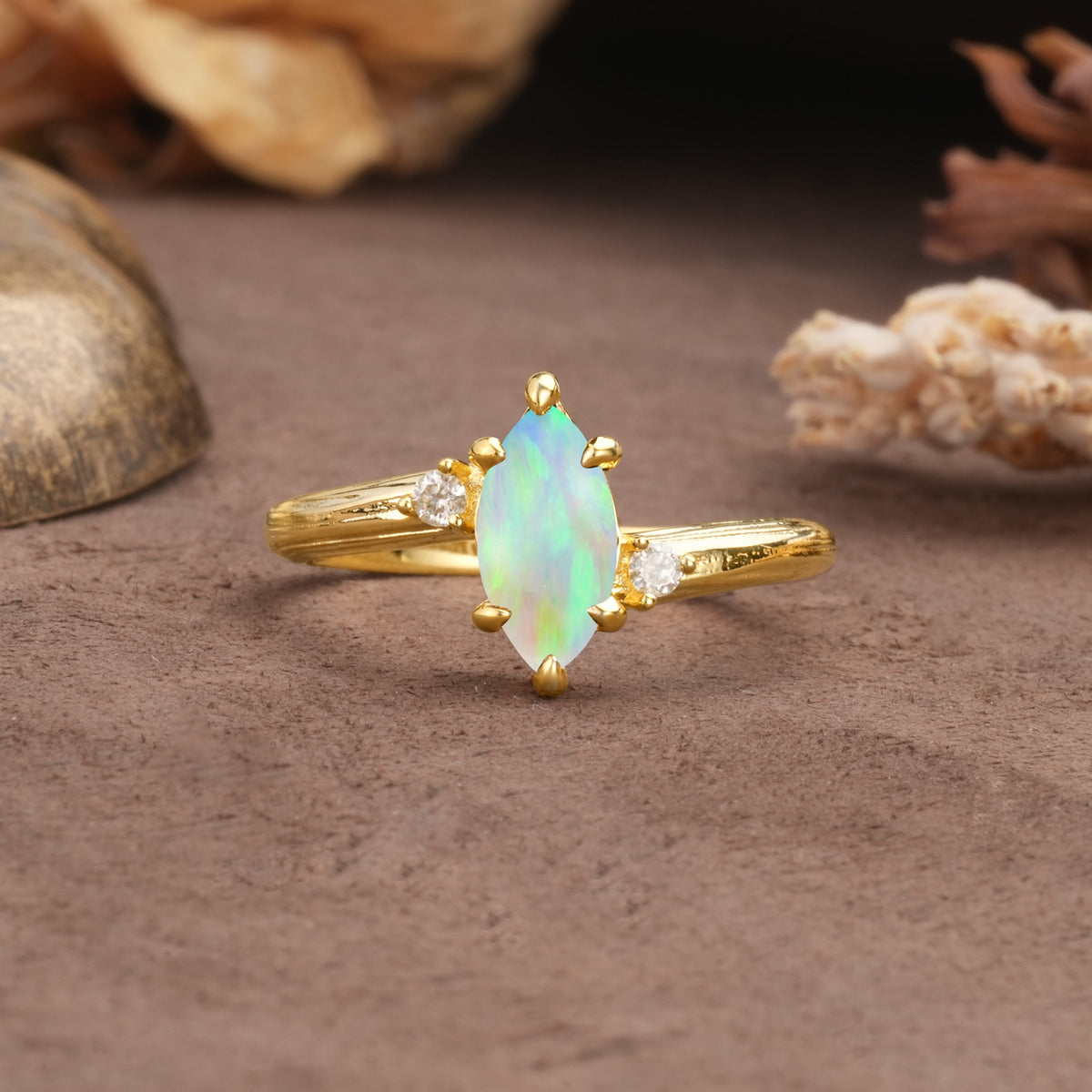 Classic Luxury 6-Prong Marquise Cut Three Stone Fire Opal Engagement Ring - Additional view