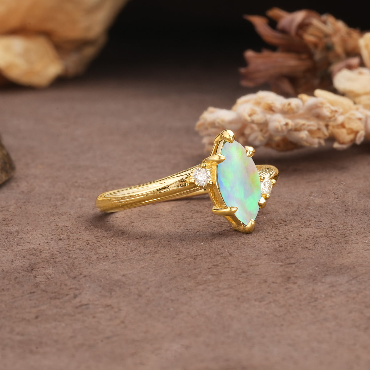 Classic Luxury 6-Prong Marquise Cut Three Stone Fire Opal Engagement Ring - Additional view