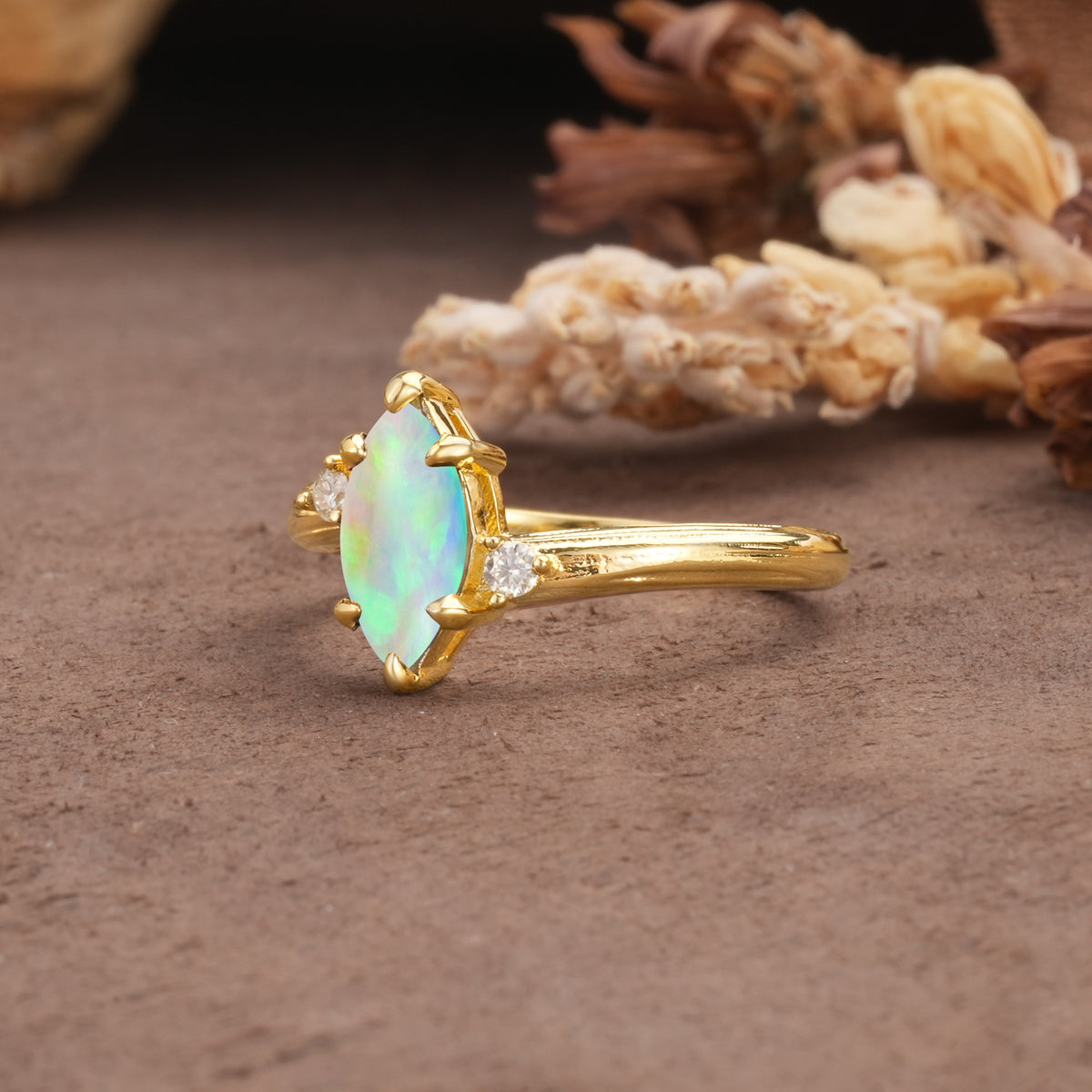 Classic Luxury 6-Prong Marquise Cut Three Stone Fire Opal Engagement Ring - Additional view