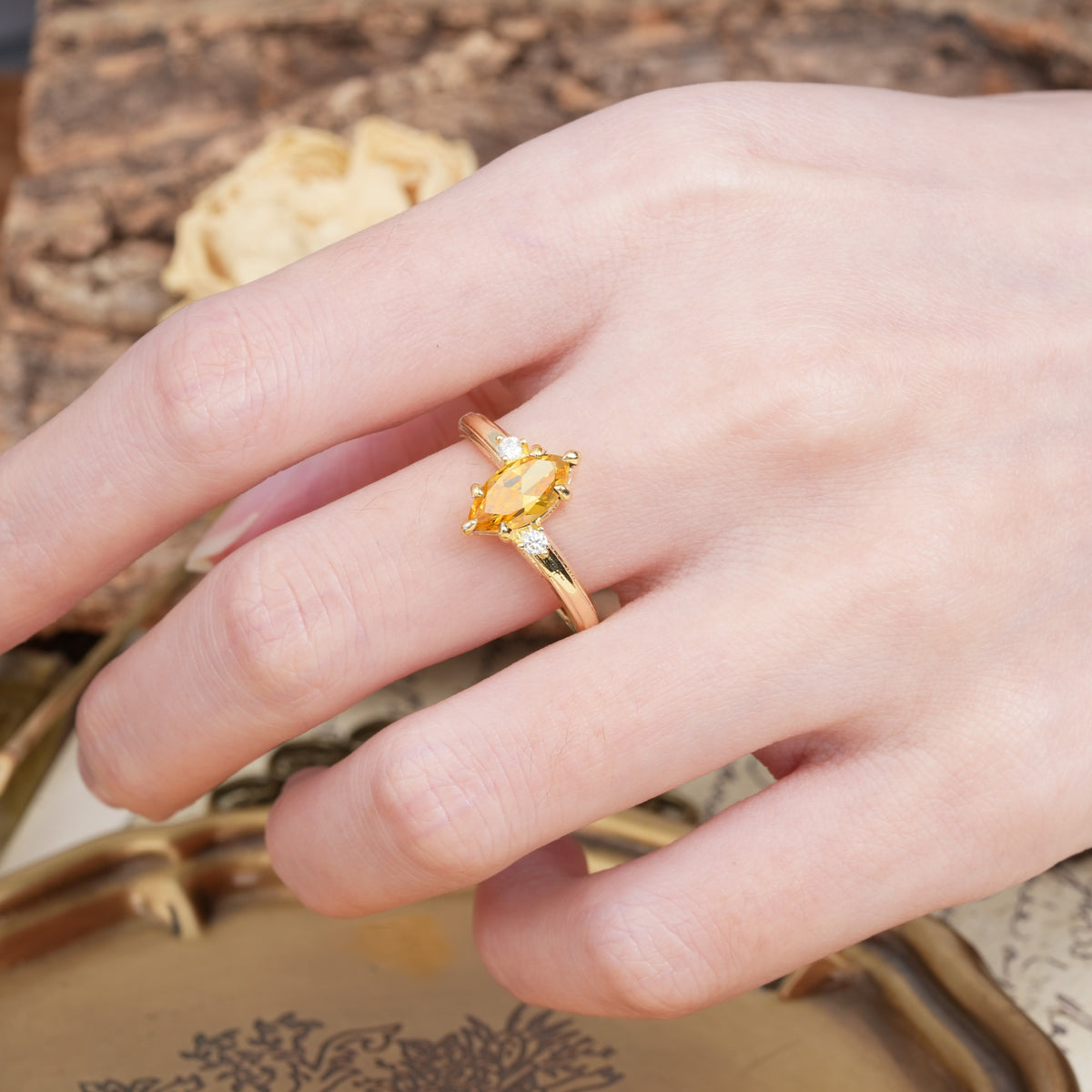 Classic Luxury 6-Prong Marquise Cut Three Stone Citrine Engagement Ring - Additional view