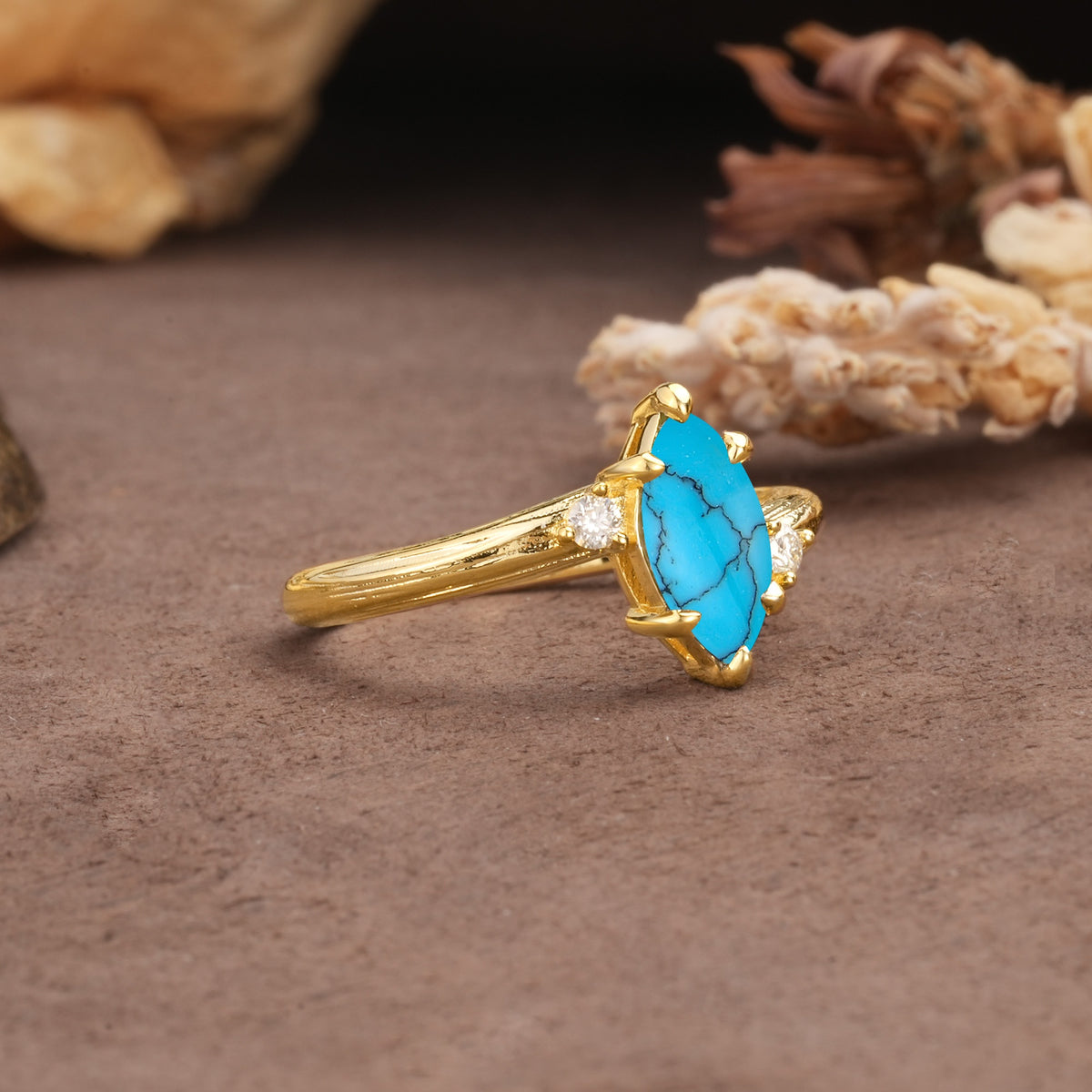 Classic Luxury 6-Prong Marquise Cut Three Stone Turquoise Engagement Ring - Additional view
