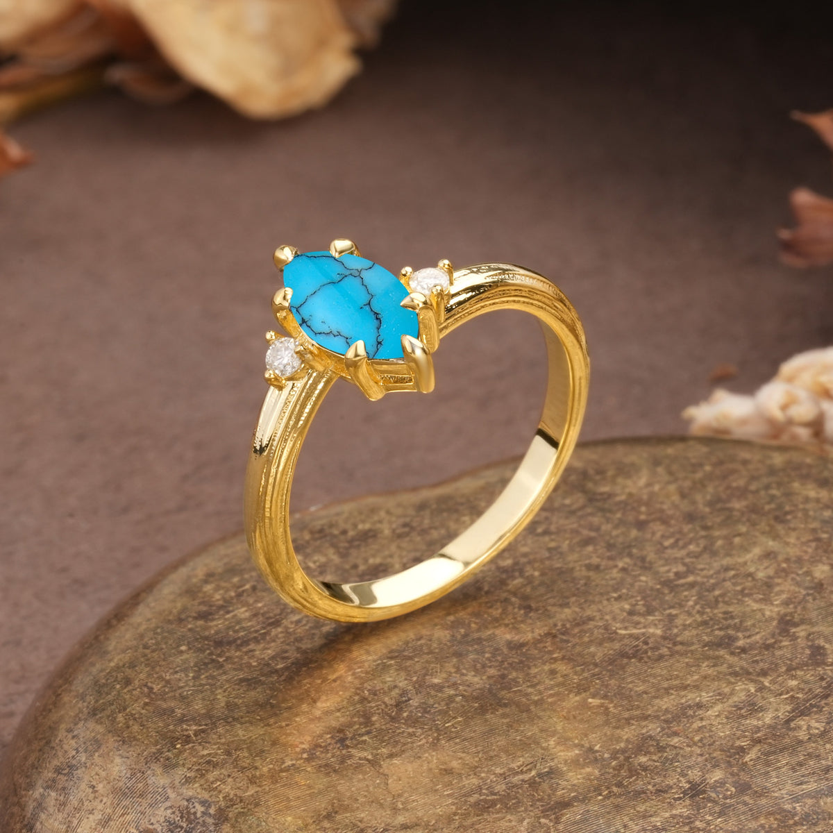 Classic Luxury 6-Prong Marquise Cut Three Stone Turquoise Engagement Ring - Additional view