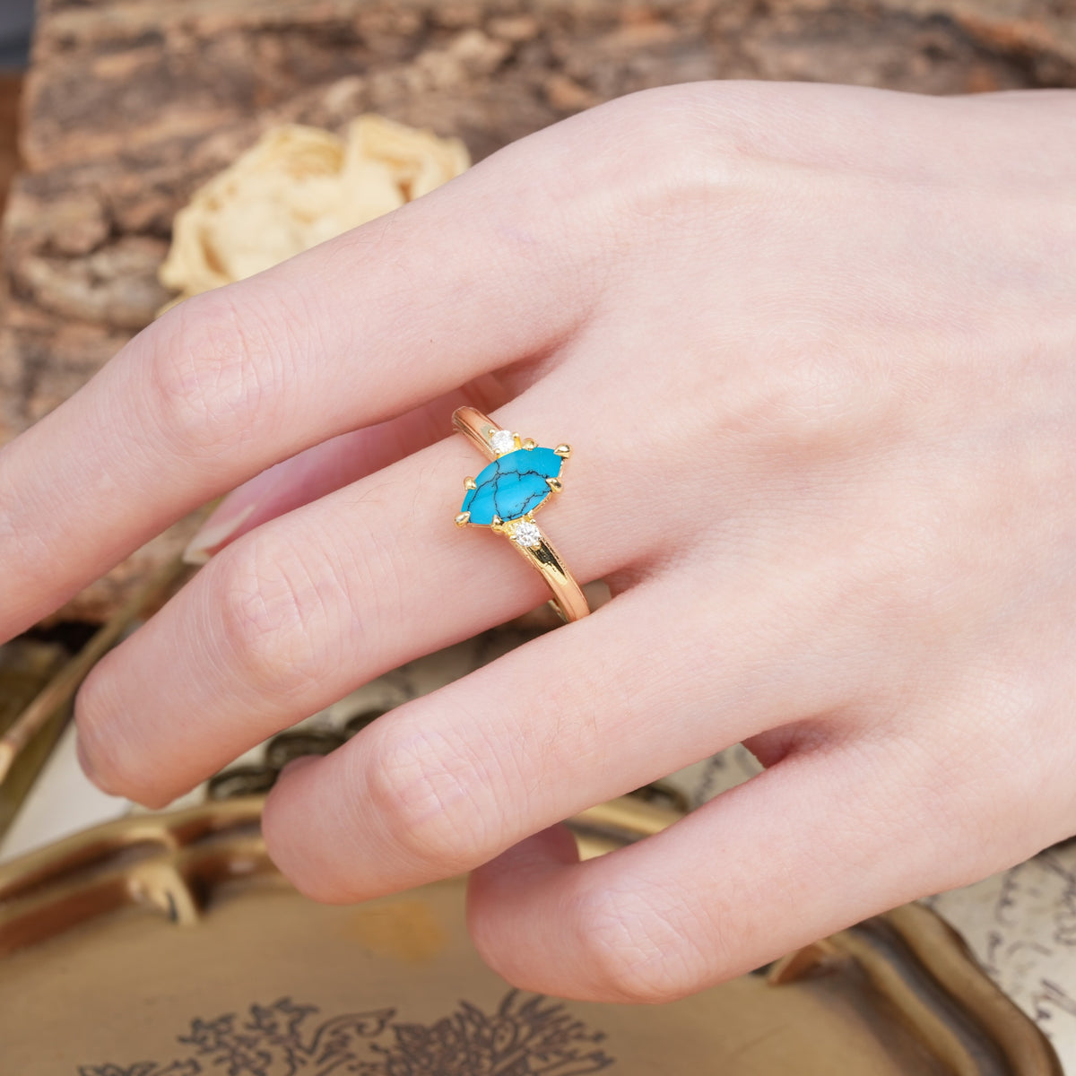 Classic Luxury 6-Prong Marquise Cut Three Stone Turquoise Engagement Ring - Additional view