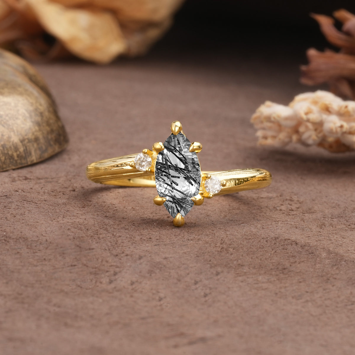 Classic Luxury 6-Prong Marquise Cut Three Stone Black Rutilated Quartz Engagement Ring - Additional view