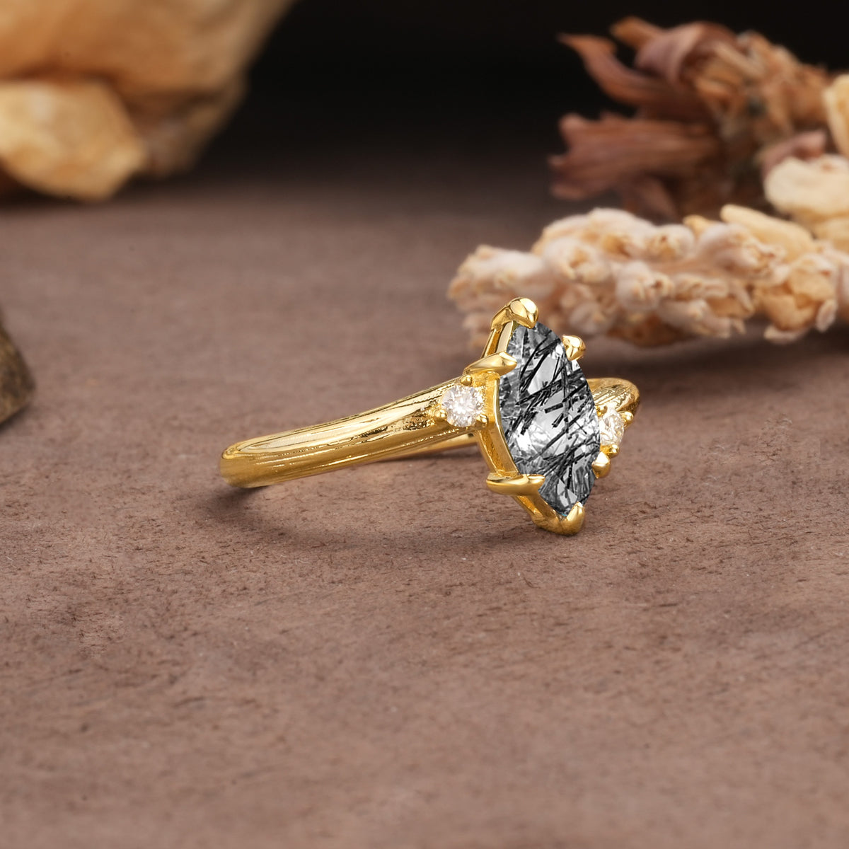 Classic Luxury 6-Prong Marquise Cut Three Stone Black Rutilated Quartz Engagement Ring - Additional view