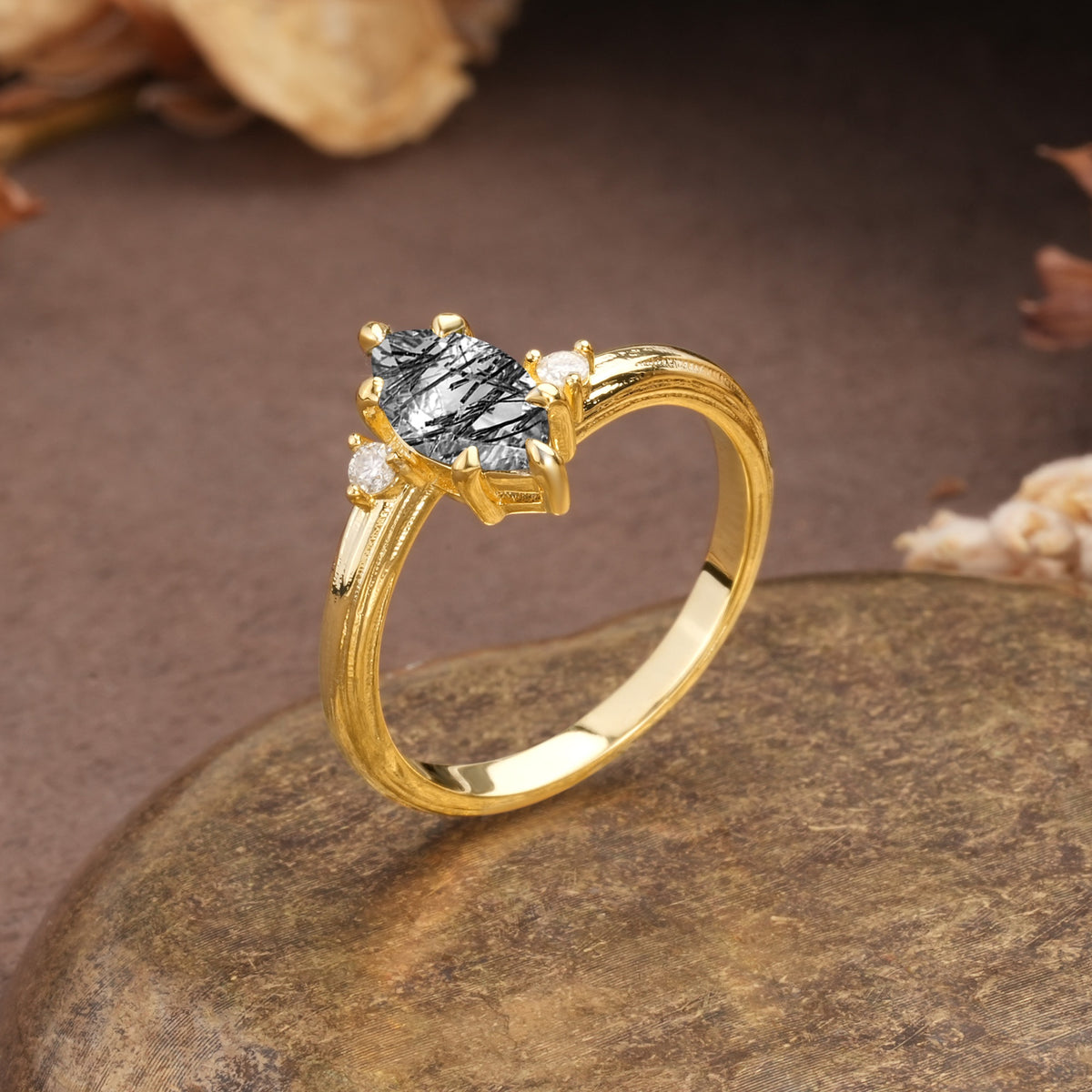 Classic Luxury 6-Prong Marquise Cut Three Stone Black Rutilated Quartz Engagement Ring - Additional view