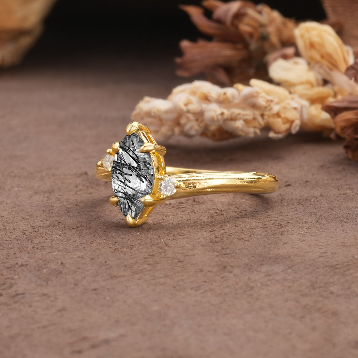 Classic Luxury 6-Prong Marquise Cut Three Stone Black Rutilated Quartz Engagement Ring - Additional view