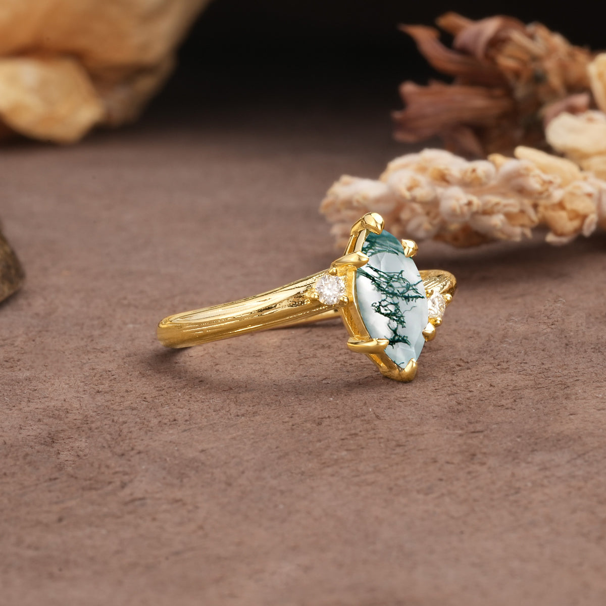 Classic Luxury 6-Prong Marquise Cut Three Stone Moss Agate Engagement Ring - Additional view