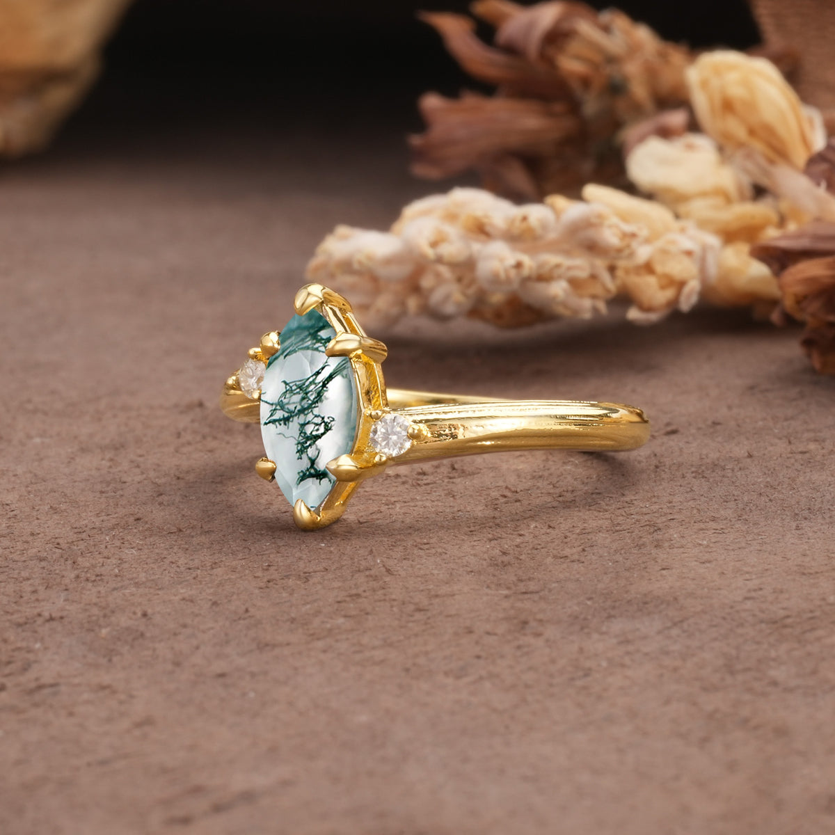 Classic Luxury 6-Prong Marquise Cut Three Stone Moss Agate Engagement Ring - Additional view