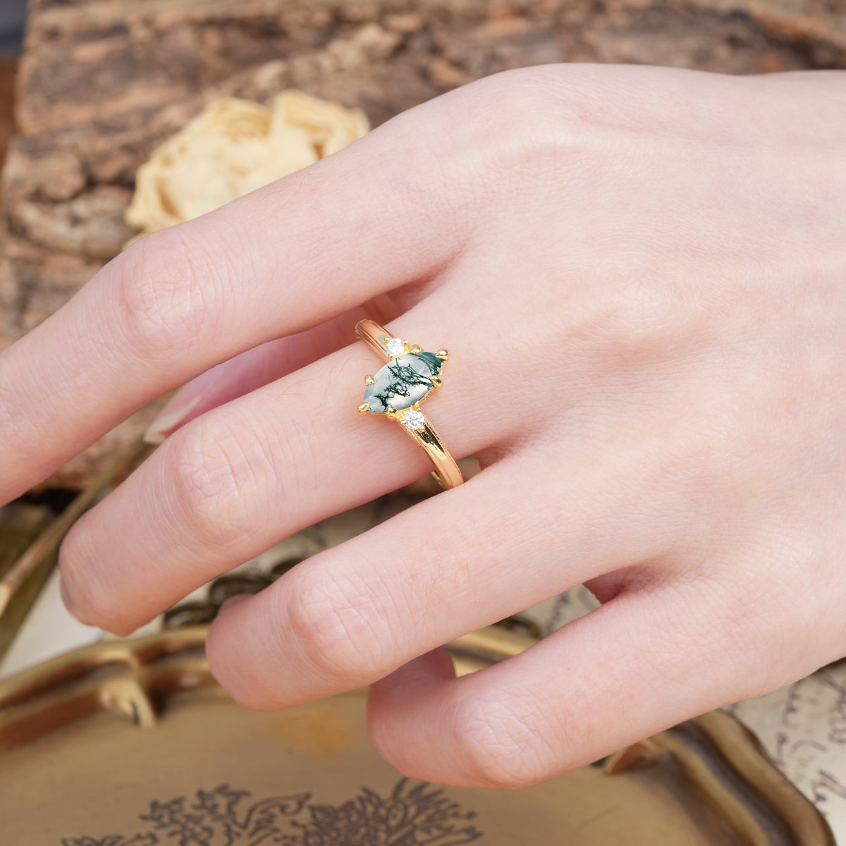 Classic Luxury 6-Prong Marquise Cut Three Stone Moss Agate Engagement Ring - Additional view