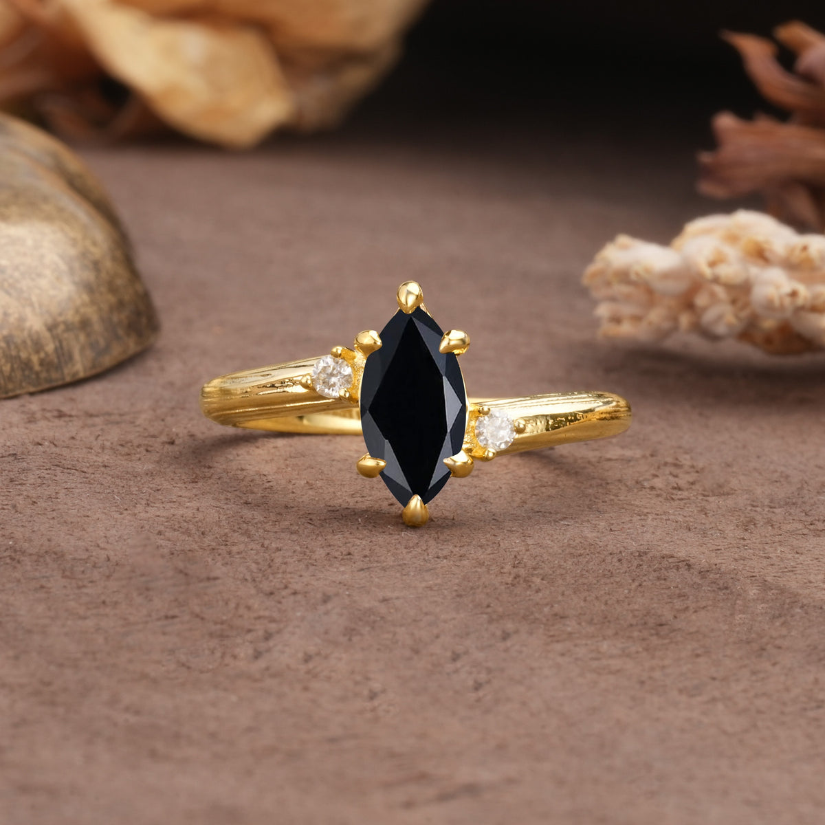 Classic Luxury 6-Prong Marquise Cut Three Stone Black Onyx Engagement Ring - Additional view