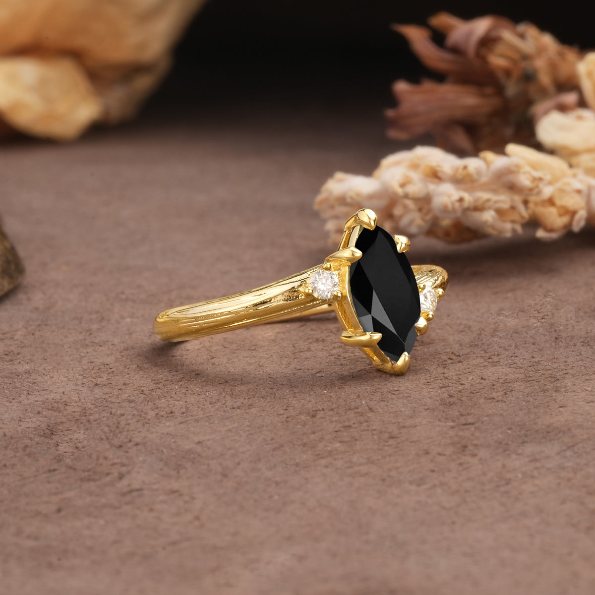 Classic Luxury 6-Prong Marquise Cut Three Stone Black Onyx Engagement Ring - Additional view